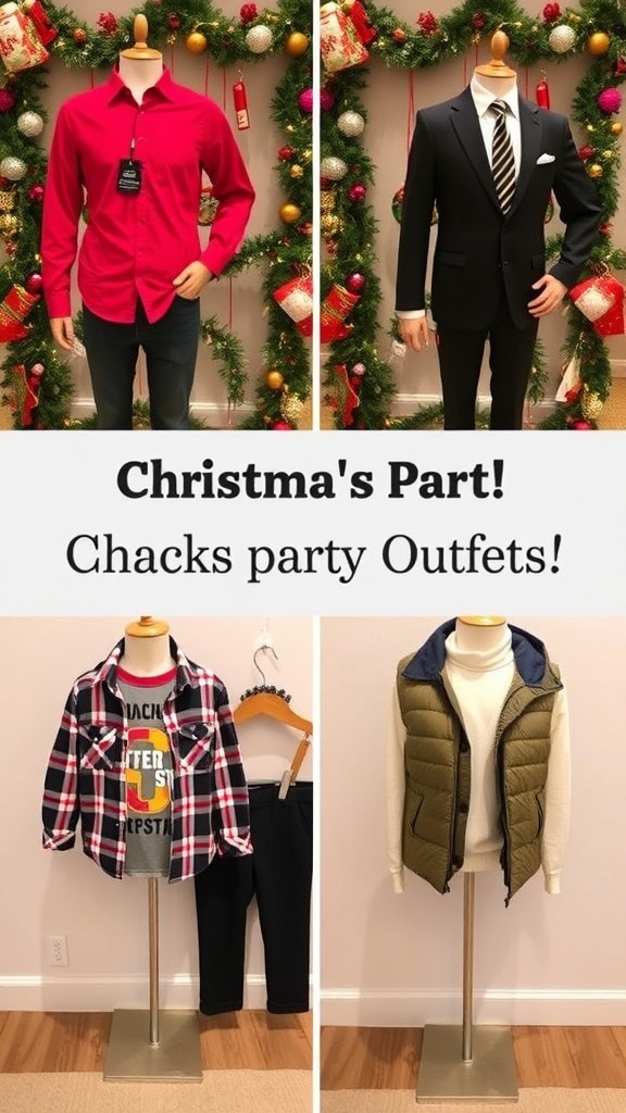 Stylish Christmas party outfits for boys including smart casual, formal, casual festive, and layered looks.